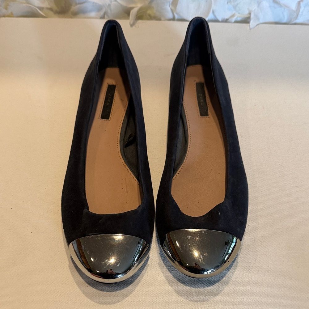 Zara Black Suede Ballet Flats with Silver Cap Toe